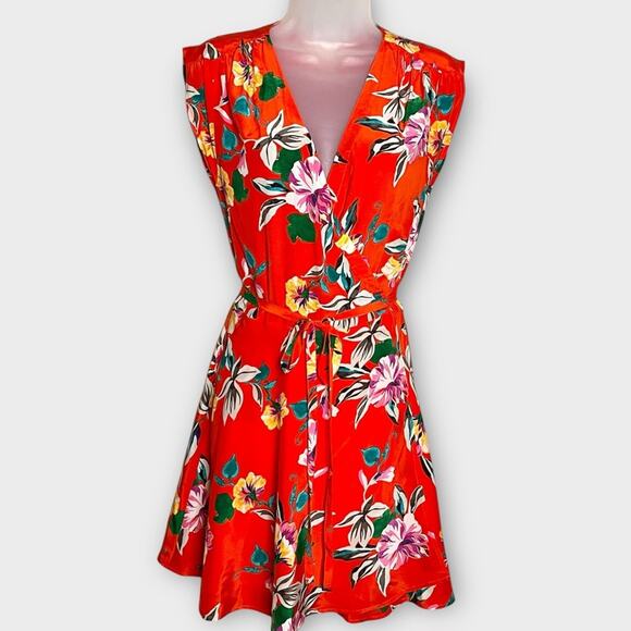 YUMI KIM Silk Soho Mixer Wrap Dress Red-Orange Size Small Tropical Floral - Picture 2 of 6